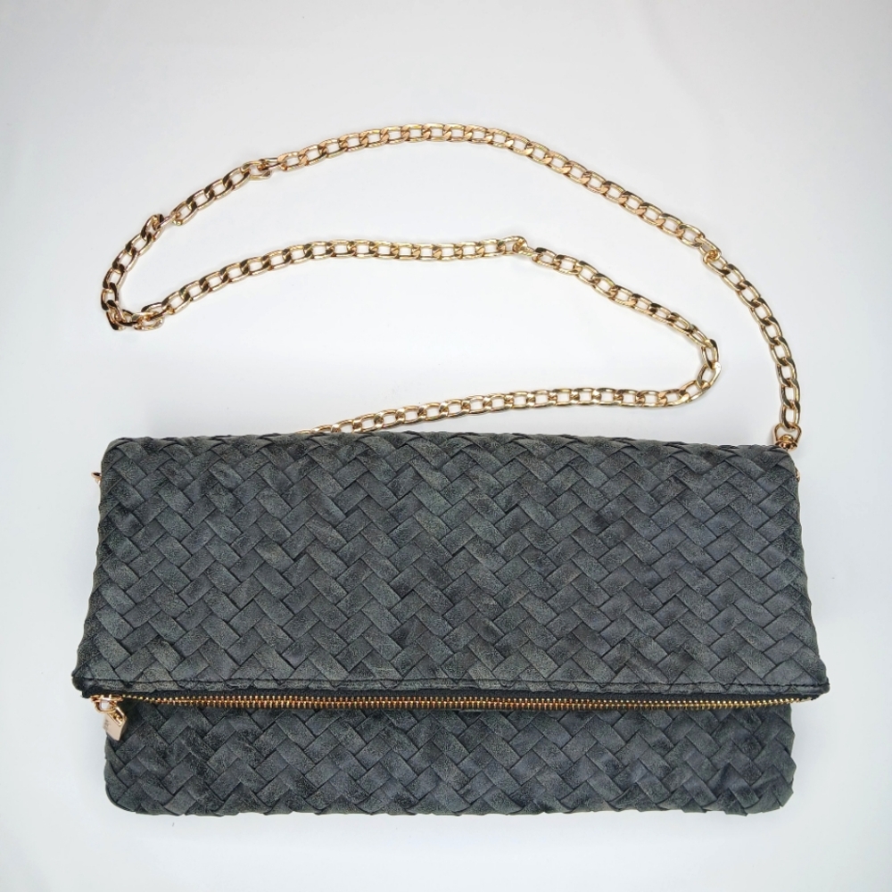 Deux Lux Weaved Crossbody Madison Foldover Black Gold Clutch